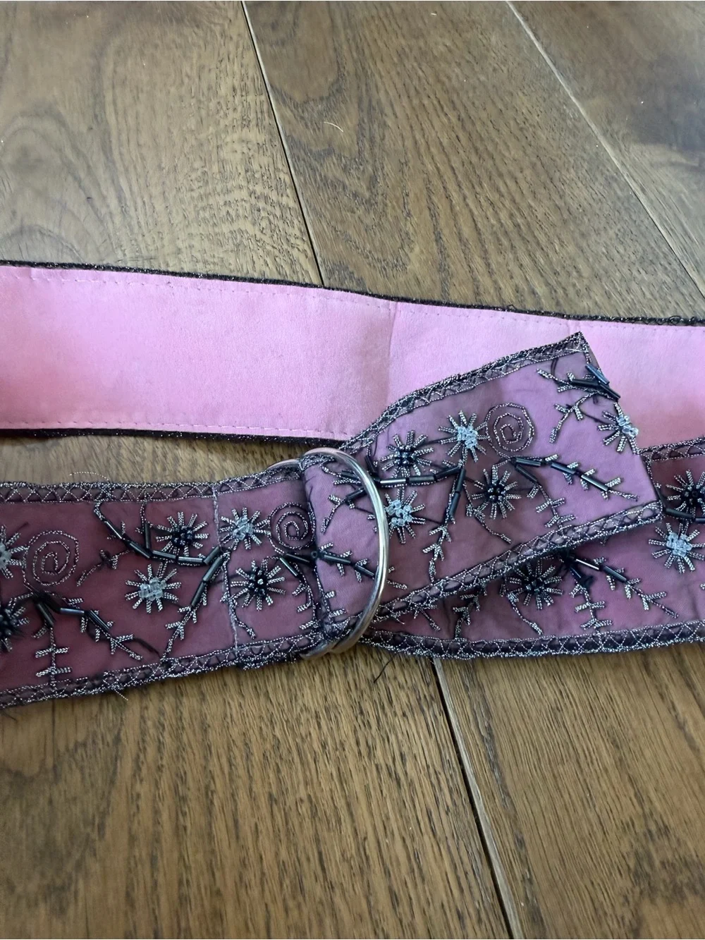 Embroidered and beaded whimsical fairy core Pink Sash Belt with Silver Ring